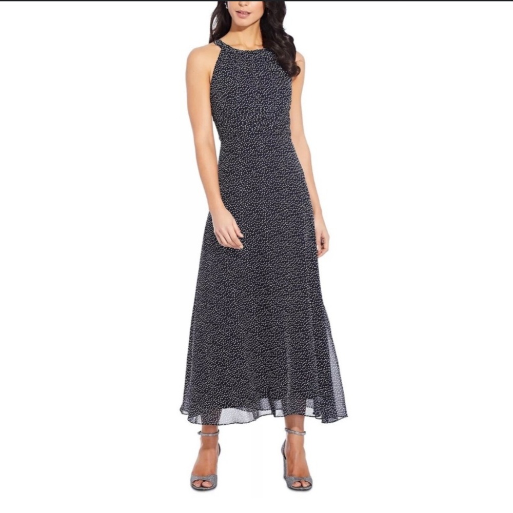 Adrianna Papell Black and Ivory Sleeveless Halter A-line Maxi Dress
